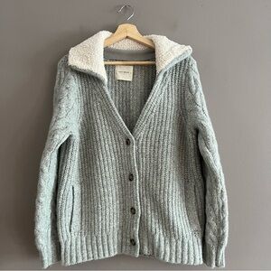 Lucky Brand Cable Knit Cardigan Sweater Wool Blend Chunky V-neck Pockets Gray M